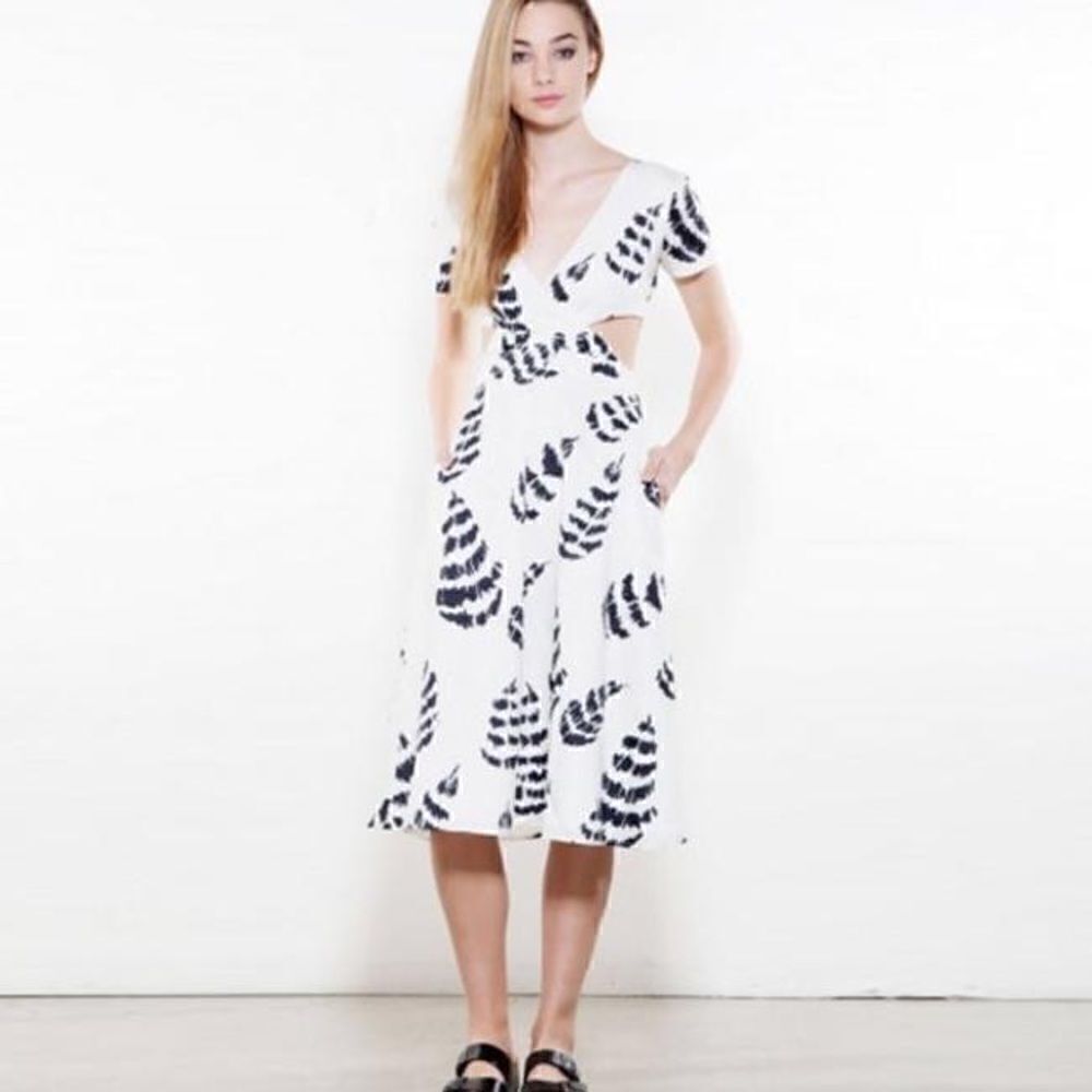 Sam & Lavi Anthropologie White Cut Out Dress with Black Feather Print